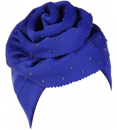 Skullies & Beanies Elegant Headscarf-Women Floral Rhinestone Scarf Turban Head Wrap Cap - Blue - CR18Q9G3A8C $7.11