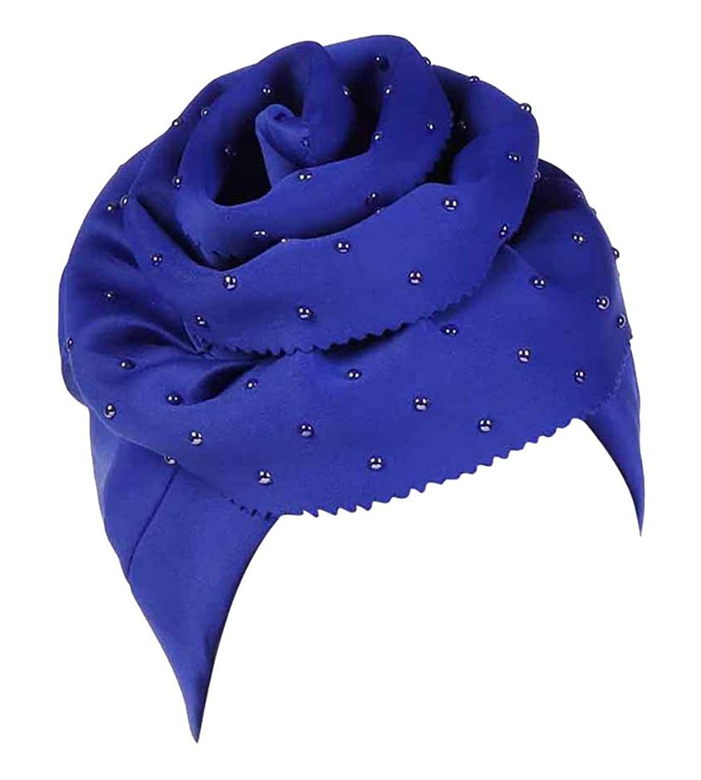 Skullies & Beanies Elegant Headscarf-Women Floral Rhinestone Scarf Turban Head Wrap Cap - Blue - CR18Q9G3A8C $7.11