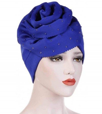 Skullies & Beanies Elegant Headscarf-Women Floral Rhinestone Scarf Turban Head Wrap Cap - Blue - CR18Q9G3A8C $7.11