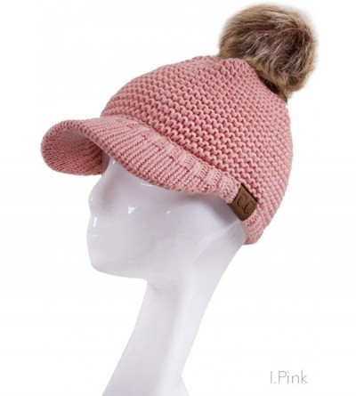 Skullies & Beanies Women's Exclusive Knitted Brim Visor Beanie with Fur Pom Pom - Indi Pink - CY12K7GGBUB $17.83