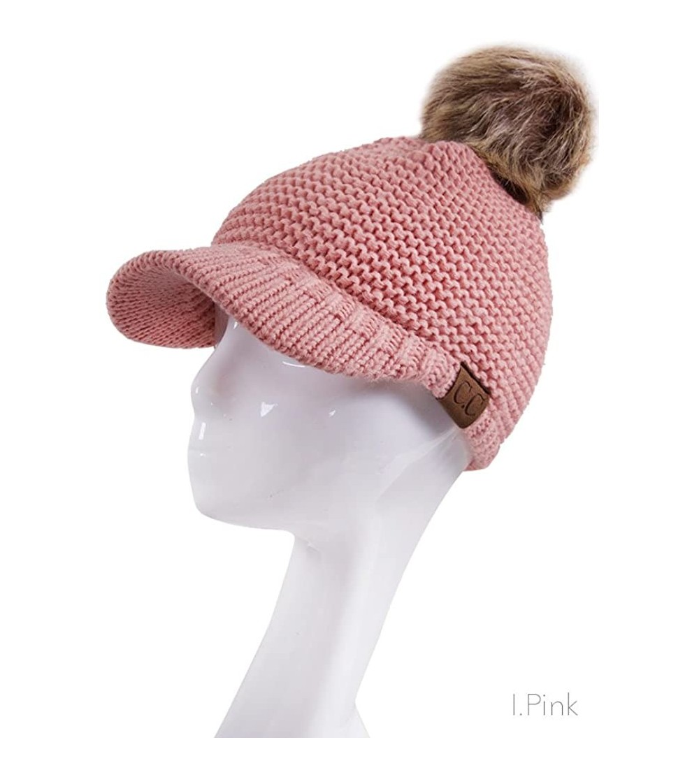 Skullies & Beanies Women's Exclusive Knitted Brim Visor Beanie with Fur Pom Pom - Indi Pink - CY12K7GGBUB $17.83