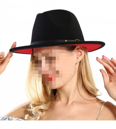 Fedoras Wool Felt Jazz Fedora Hats Belt Buckle Decor Women Unisex Wide Brim Panama Trilby Cowboy Cap Sunhat - Red Black - CK1...