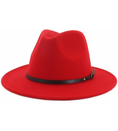 Fedoras Wool Felt Jazz Fedora Hats Belt Buckle Decor Women Unisex Wide Brim Panama Trilby Cowboy Cap Sunhat - Red Black - CK1...