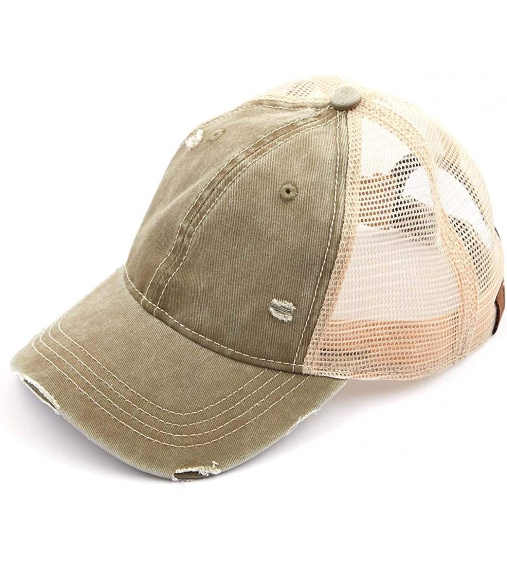 Baseball Caps Women's Adjustable Athletic Trucker Hat Mesh Baseball Cap Dad Hat - Washed Distressed - Olive W/ Beige - C118T6...
