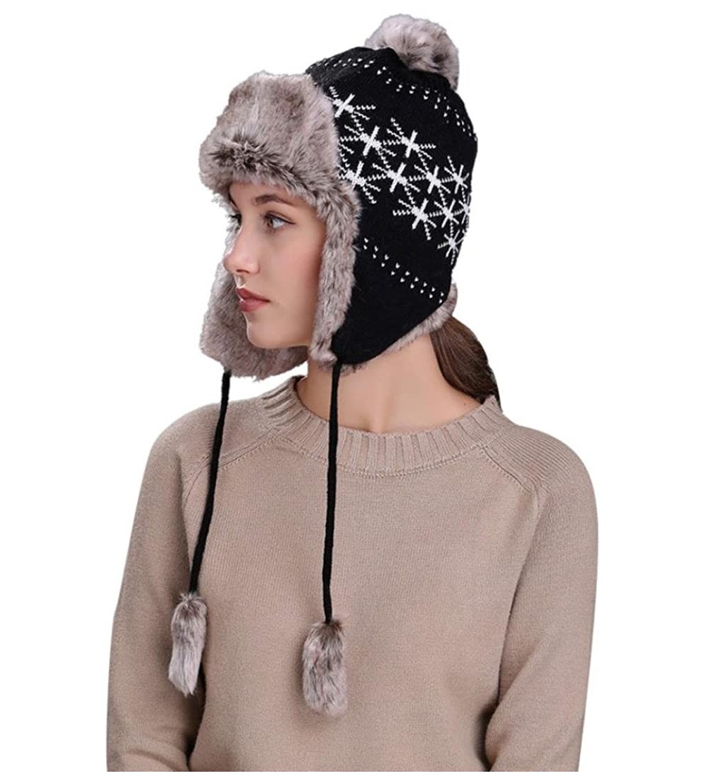Skullies & Beanies Warm Women Winter Hat with Ear Flaps Snow Ski Thick Knit Wool Beanie Cap Hat - Black 4 - CH1880O962C $11.10