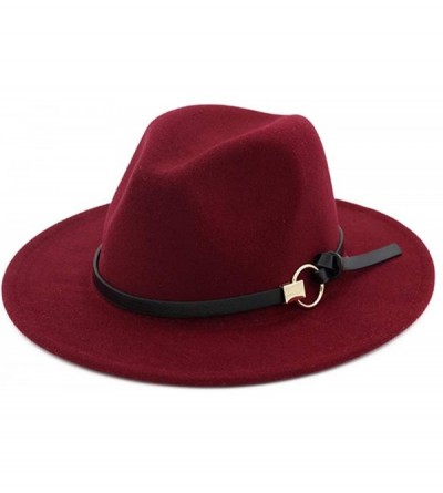 Fedoras Dantiya Men & Women Vintage Wide Brim Felt Fedora Hat Wide Brim Panama Hats with Belt Metal Buckle - Wine Red - C818Y...
