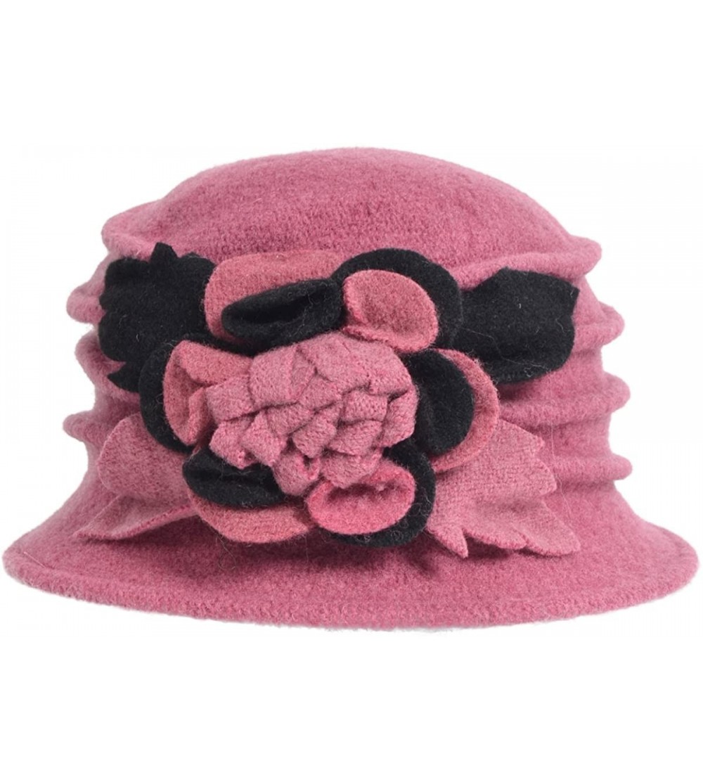 Bucket Hats Lady 100% Wool Floral Bucket Cloche Bowler Hat Felt Dress Hat XC020 - Inki Pink - CM12LW25MBX $15.47