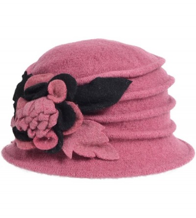 Bucket Hats Lady 100% Wool Floral Bucket Cloche Bowler Hat Felt Dress Hat XC020 - Inki Pink - CM12LW25MBX $15.47