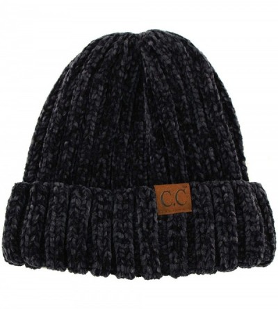 Skullies & Beanies Winter Soft Chenille Chunky Knit Stretchy Warm Ribbed Beanie Hat Cap - Navy - C918I6QNX0S $15.43