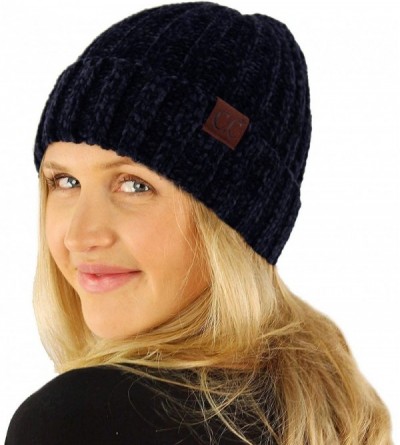 Skullies & Beanies Winter Soft Chenille Chunky Knit Stretchy Warm Ribbed Beanie Hat Cap - Navy - C918I6QNX0S $15.43