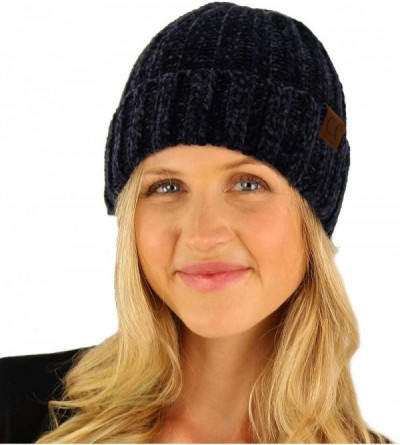 Skullies & Beanies Winter Soft Chenille Chunky Knit Stretchy Warm Ribbed Beanie Hat Cap - Navy - C918I6QNX0S $15.43