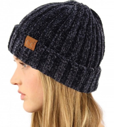 Skullies & Beanies Winter Soft Chenille Chunky Knit Stretchy Warm Ribbed Beanie Hat Cap - Navy - C918I6QNX0S $15.43