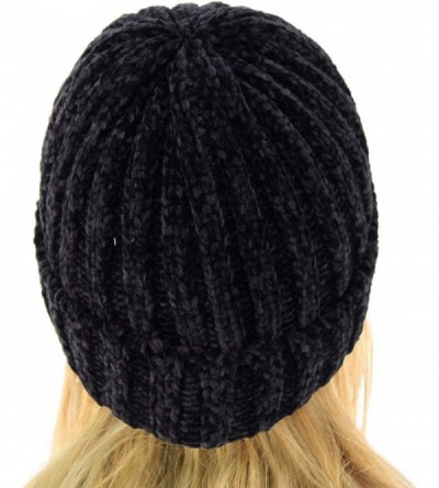 Skullies & Beanies Winter Soft Chenille Chunky Knit Stretchy Warm Ribbed Beanie Hat Cap - Navy - C918I6QNX0S $15.43