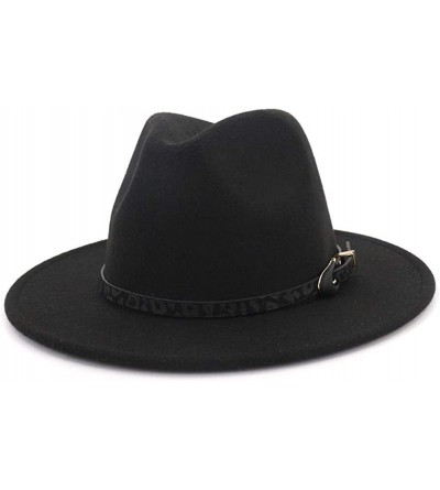 Fedoras Womens Wide Brim Felt Fedora Hat Ladies Panama Hat with Belt Buckle - Black - CR18IWWNCCD $27.47
