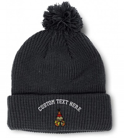 Skullies & Beanies Custom Pom Pom Beanie Native Indian Tepee Tribal Embroidery Acrylic - Black - CR18A3WRCSQ $10.73