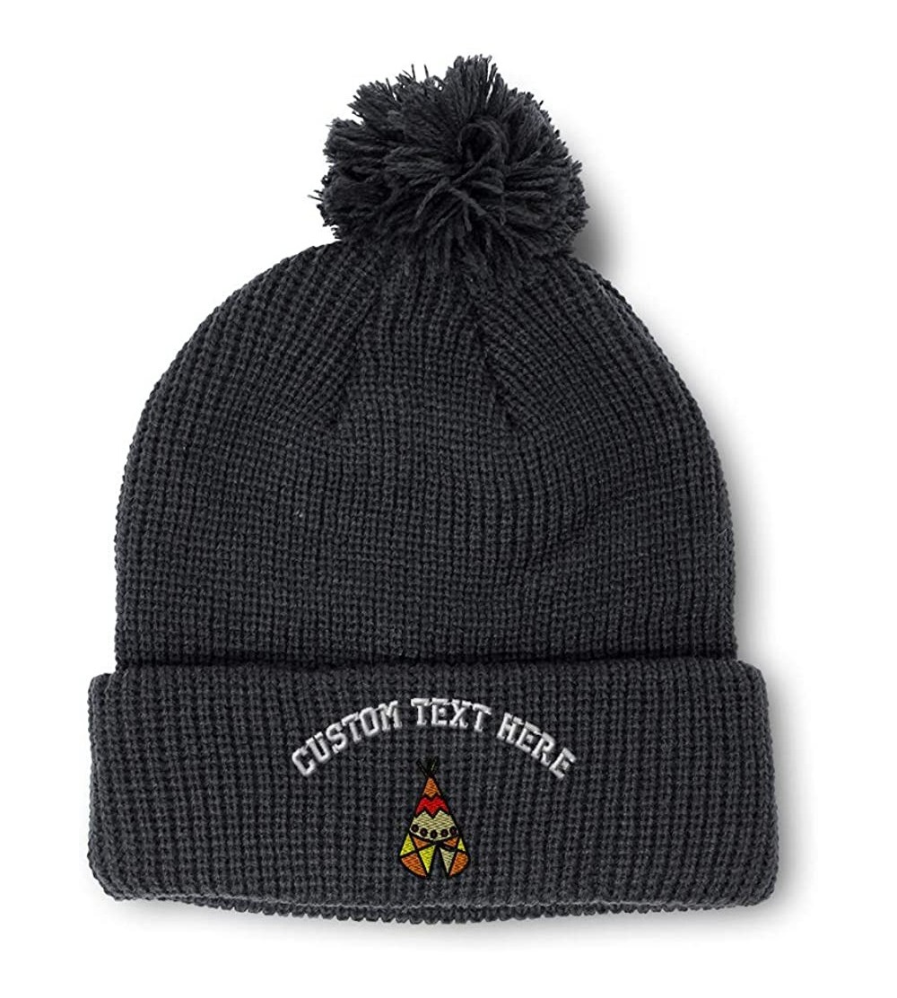 Skullies & Beanies Custom Pom Pom Beanie Native Indian Tepee Tribal Embroidery Acrylic - Black - CR18A3WRCSQ $10.73