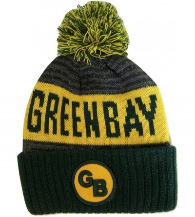 Skullies & Beanies Green Bay GB Patch Ribbed Cuff Knit Winter Hat Pom Beanie - Green/Gold Patch - CV188D8HAOU $10.09