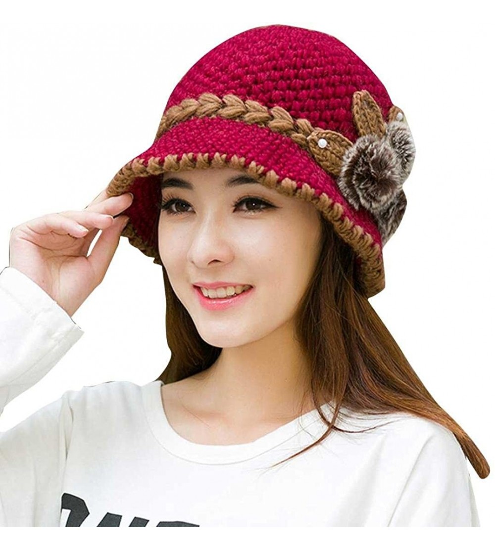 Berets Women Ladies Winter Knitting Hat Warm Artificial Wool Snow Ski Caps With Visor - U-hot Pink - C0189T64WL0 $7.94