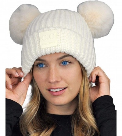 Skullies & Beanies Women's Large Double Ear Soft Pom Cuff Skully Beanie Hat - Ivory - CI18AIOT7YT $19.12