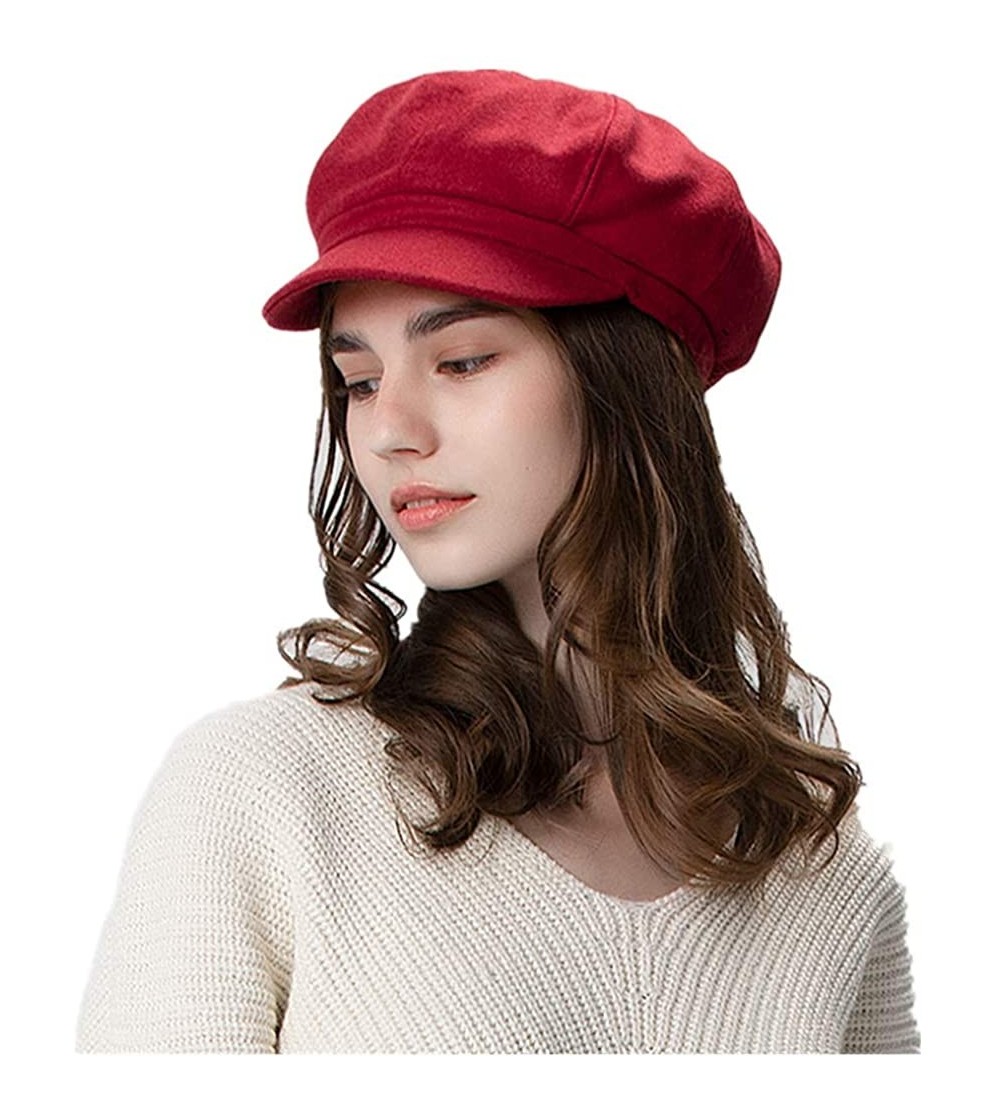 Newsboy Caps 2019 New Womens 8 Panels Visor Beret Newsboy Cap- Ladies Merino Wool-Soft Warm Wool Octagonal Cap - Red - C818AG...