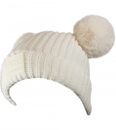 Skullies & Beanies Women's Large Double Ear Soft Pom Cuff Skully Beanie Hat - Ivory - CI18AIOT7YT $19.12