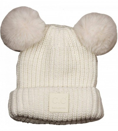 Skullies & Beanies Women's Large Double Ear Soft Pom Cuff Skully Beanie Hat - Ivory - CI18AIOT7YT $19.12