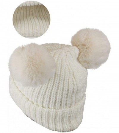 Skullies & Beanies Women's Large Double Ear Soft Pom Cuff Skully Beanie Hat - Ivory - CI18AIOT7YT $19.12