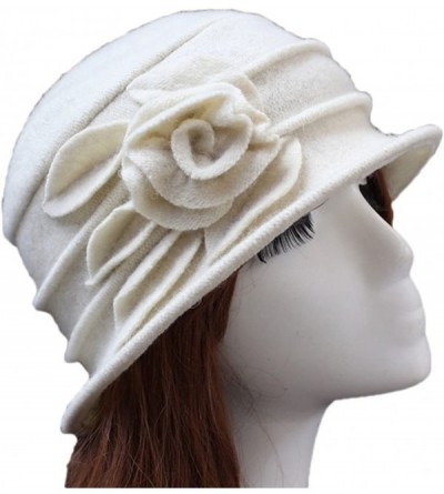 Fedoras Women 100% Wool Solid Color Round Top Cloche Beret Cap Flower Fedora Hat - 1 Off White - CP186WYRCNM $12.29