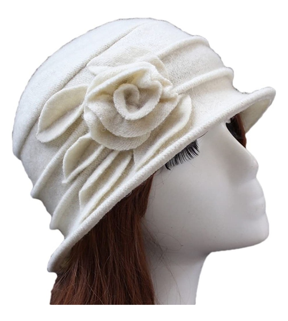 Fedoras Women 100% Wool Solid Color Round Top Cloche Beret Cap Flower Fedora Hat - 1 Off White - CP186WYRCNM $31.55