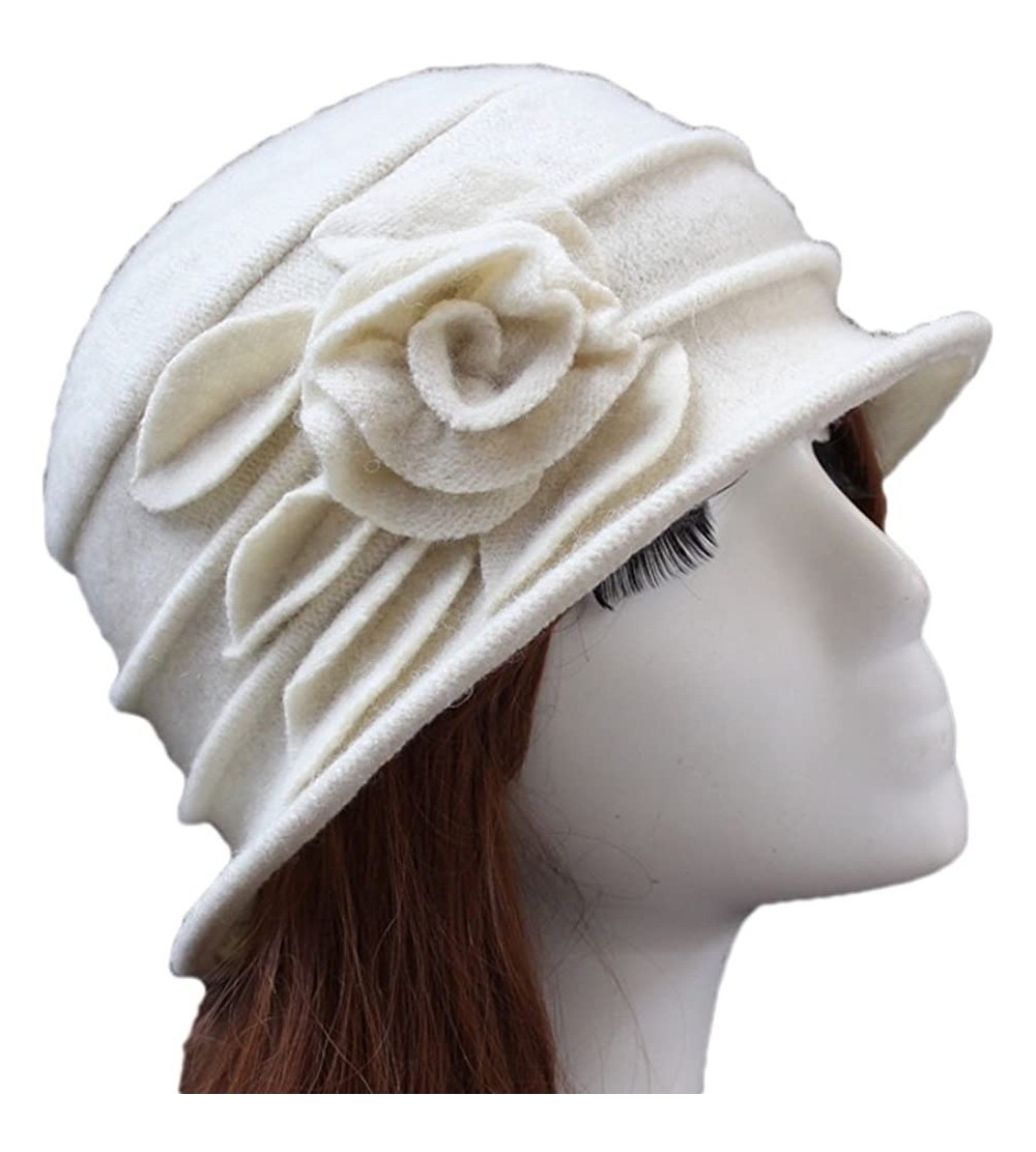 Fedoras Women 100% Wool Solid Color Round Top Cloche Beret Cap Flower Fedora Hat - 1 Off White - CP186WYRCNM $12.29