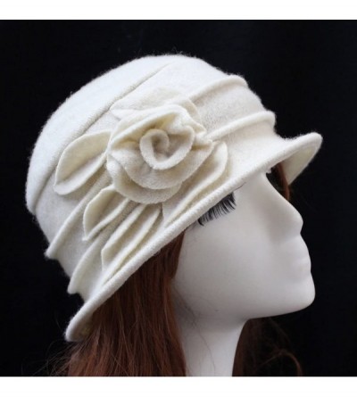 Fedoras Women 100% Wool Solid Color Round Top Cloche Beret Cap Flower Fedora Hat - 1 Off White - CP186WYRCNM $12.29