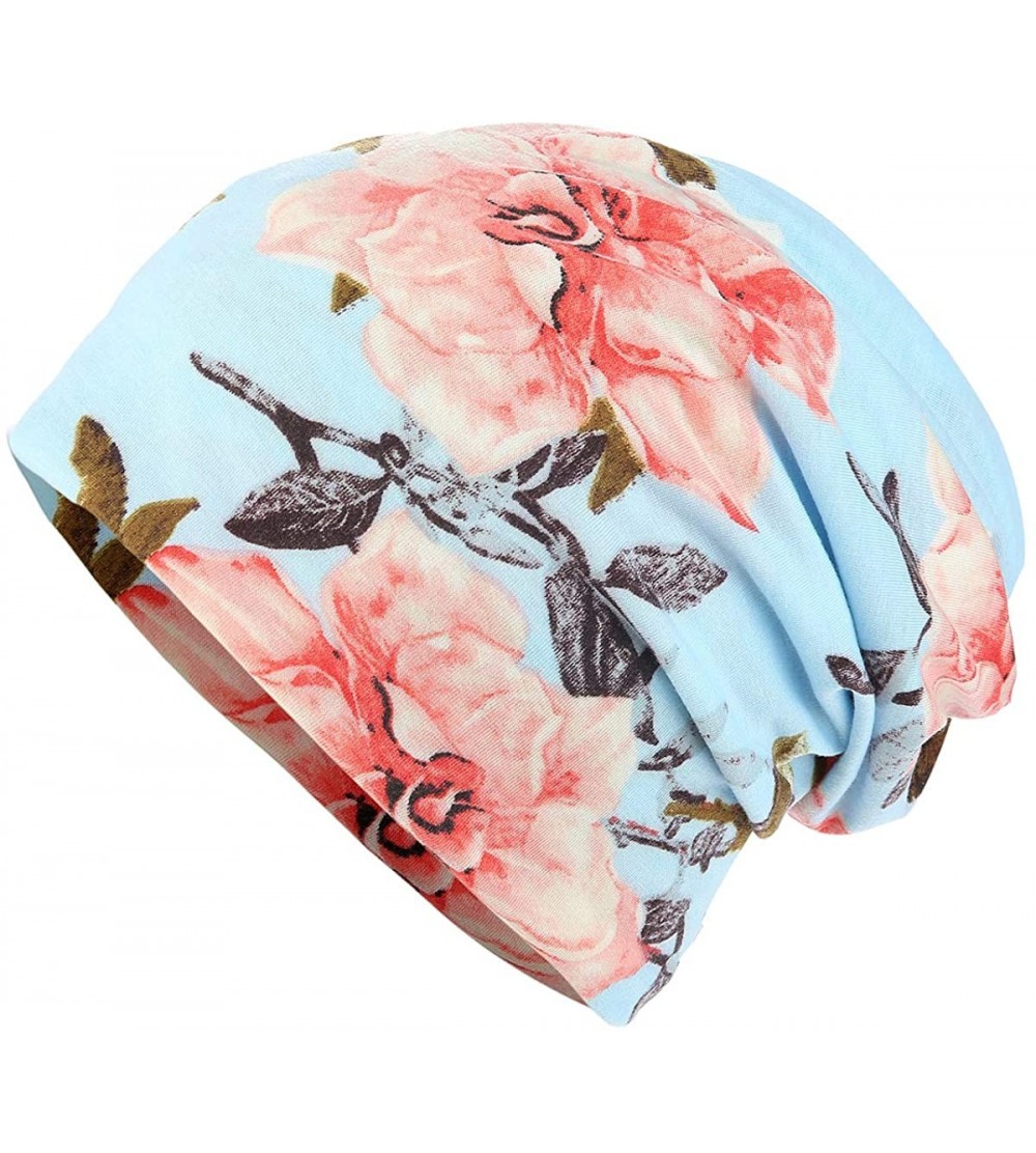 Skullies & Beanies Flower Printed Beanie Women Turban Headband Chemo Cap - Blue&pink - CX18QHNZD2N $9.72