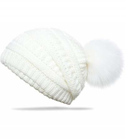 Skullies & Beanies Slouchy Winter Knit Beanie Cap Chunky Faux Fur Pom Pom Hat Bobble Ski Cap - White 02 - C418UW2KN7A $9.75