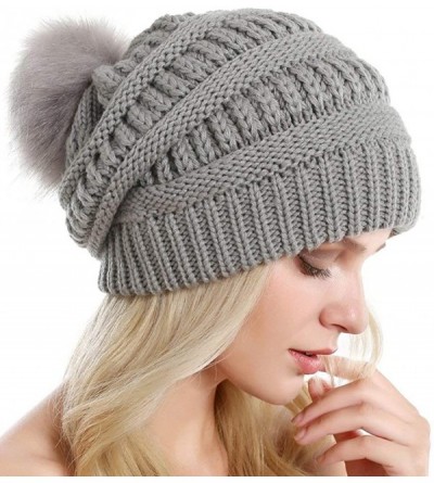 Skullies & Beanies Slouchy Winter Knit Beanie Cap Chunky Faux Fur Pom Pom Hat Bobble Ski Cap - White 02 - C418UW2KN7A $9.75