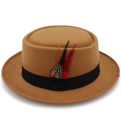 Fedoras Mens Trilby Hat Vintage Women Men Pork Pie Hat Dad Wool Flat Fedora Hat for Gentleman Gambler - Khaki - CB18NGMMLY9 $...