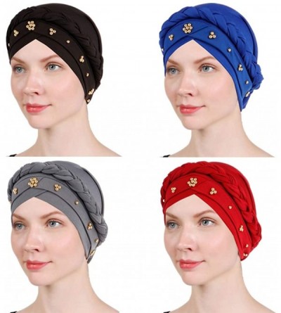 Skullies & Beanies 1 Pack / 2 Packs / 4 Packs Women Turban Twisted Beaded Braid Chemical Cancer Headscarf Cap Hair Covered Wr...