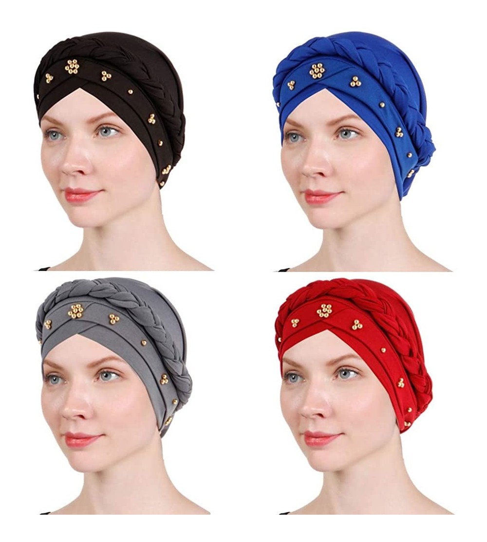 Skullies & Beanies 1 Pack / 2 Packs / 4 Packs Women Turban Twisted Beaded Braid Chemical Cancer Headscarf Cap Hair Covered Wr...