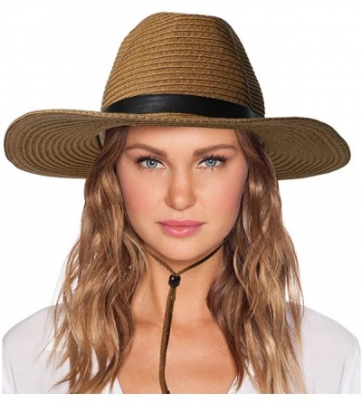 Sun Hats Womens Sun Hat with Wind Lanyard UPF Beach Packable Summer Cowboy Sun Straw Hats for Women Men - 001_khaki - CT194XC...