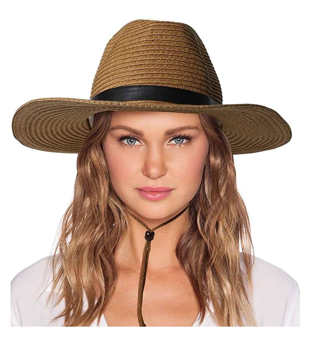 Sun Hats Womens Sun Hat with Wind Lanyard UPF Beach Packable Summer Cowboy Sun Straw Hats for Women Men - 001_khaki - CT194XC...