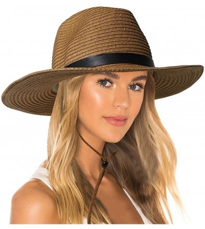 Sun Hats Womens Sun Hat with Wind Lanyard UPF Beach Packable Summer Cowboy Sun Straw Hats for Women Men - 001_khaki - CT194XC...