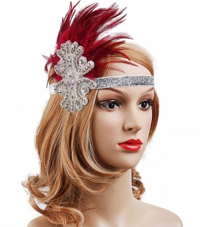 Headbands Feather Headpiece 1920s Vintage Headband Fascinator Flapper Deco - Wine Red - C112O8AR2MI $11.88
