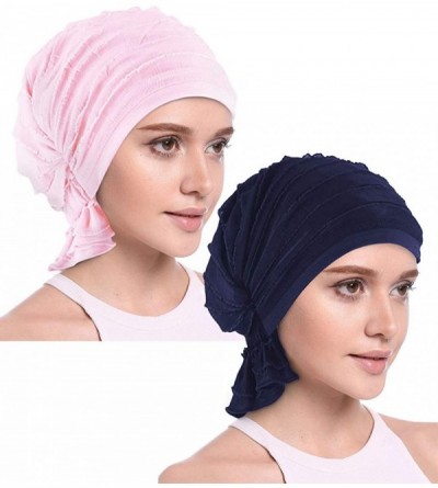 Skullies & Beanies Women Ruffle Chemo Headwear Slip-on Cancer Scarf Stretch Cap Turban for Hair Loss - 2 Pair Basic-pink+navy...