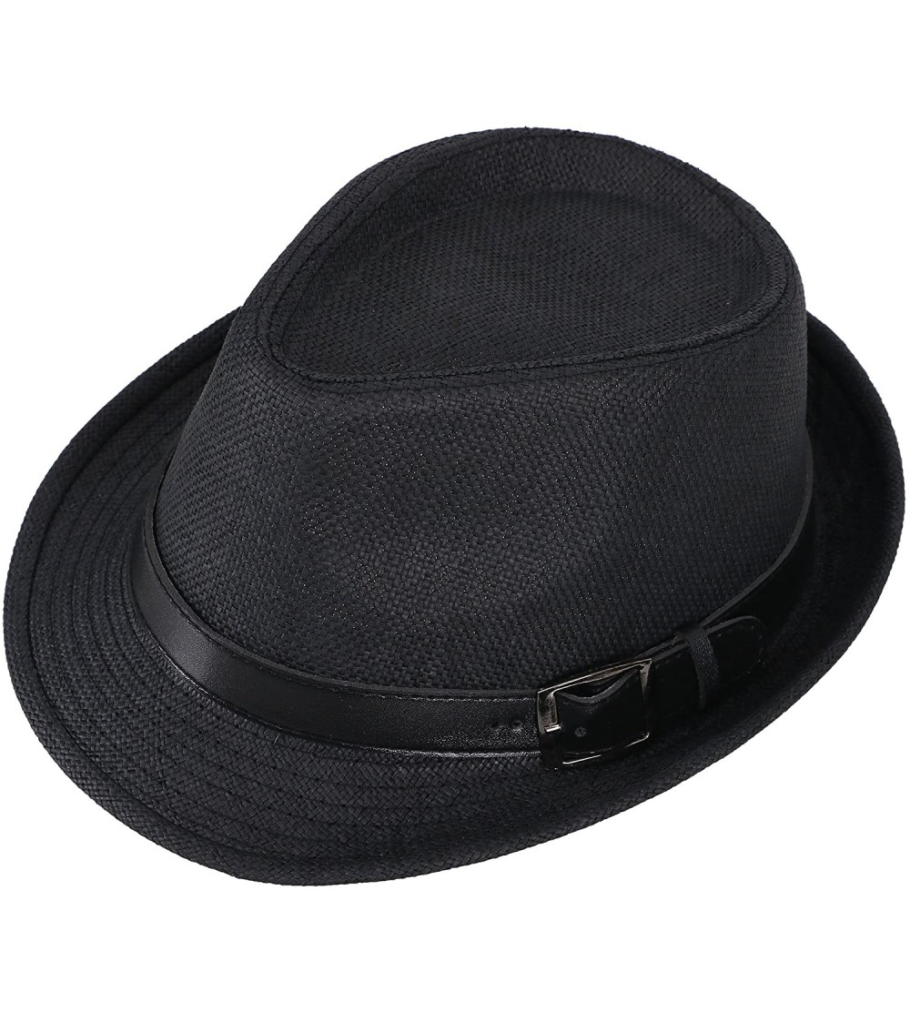 Fedoras Men/Women's Hiking Camping Straw Fedora Hat w/PU Leather Belt - Black - CP18CRLLX3Q $11.78