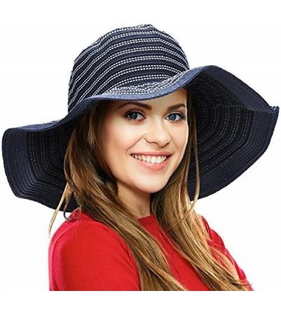 Bucket Hats Women Summer Beach Hat Packable Striped Floppy Wide Brim Sun Protection Travel Hats - Navy - CJ18CSN5WC9 $24.31