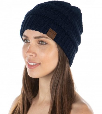 Skullies & Beanies E3-31 Womens Beanie Soft Knit Classic Ribbed Slouch Hat - Navy - CA18Y32C5NW $11.33