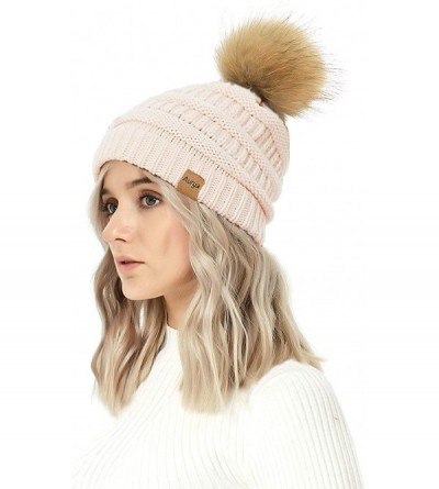 Skullies & Beanies Cable Knit Pom Pom Beanie Womens Winter Warm Faux Fur Pompoms Bobble Ski Hat Cap - Apricot - CN18Y8GD23K $...