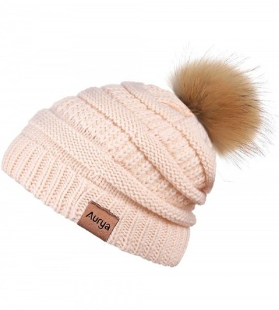 Skullies & Beanies Cable Knit Pom Pom Beanie Womens Winter Warm Faux Fur Pompoms Bobble Ski Hat Cap - Apricot - CN18Y8GD23K $...