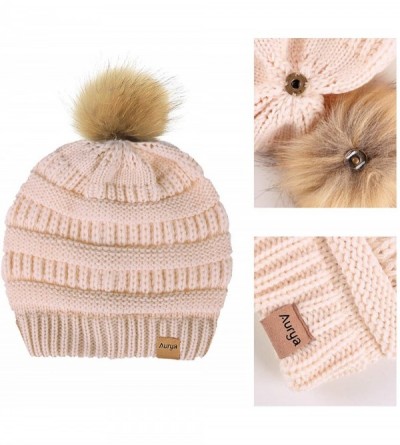 Skullies & Beanies Cable Knit Pom Pom Beanie Womens Winter Warm Faux Fur Pompoms Bobble Ski Hat Cap - Apricot - CN18Y8GD23K $...