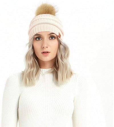 Skullies & Beanies Cable Knit Pom Pom Beanie Womens Winter Warm Faux Fur Pompoms Bobble Ski Hat Cap - Apricot - CN18Y8GD23K $...