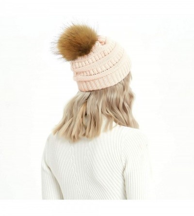 Skullies & Beanies Cable Knit Pom Pom Beanie Womens Winter Warm Faux Fur Pompoms Bobble Ski Hat Cap - Apricot - CN18Y8GD23K $...